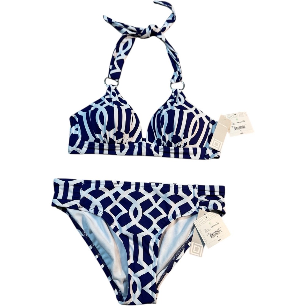 Liz Claiborne Womens Swimsuit Bikini Set Navy White Geometric‎ Print Size 8